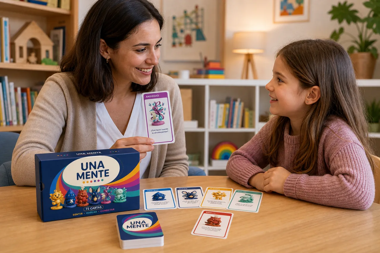 Profesional de acompañamiento infantil utilizando UNA MENTE con una niña